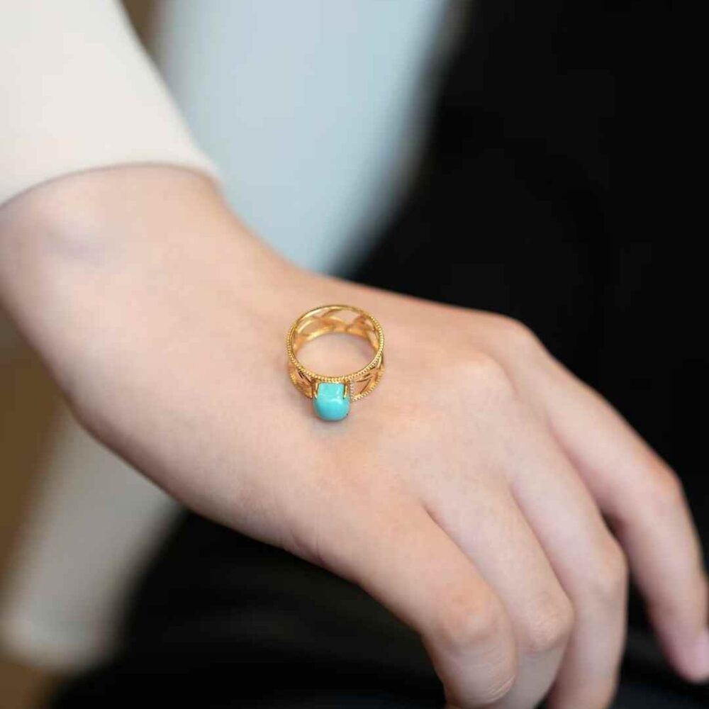 Turquoise 18k Gold Sugar Cube Ring - 图片 3
