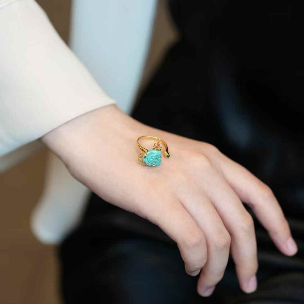 "Skull Rose" Turquoise 18k Ring - 图片 5