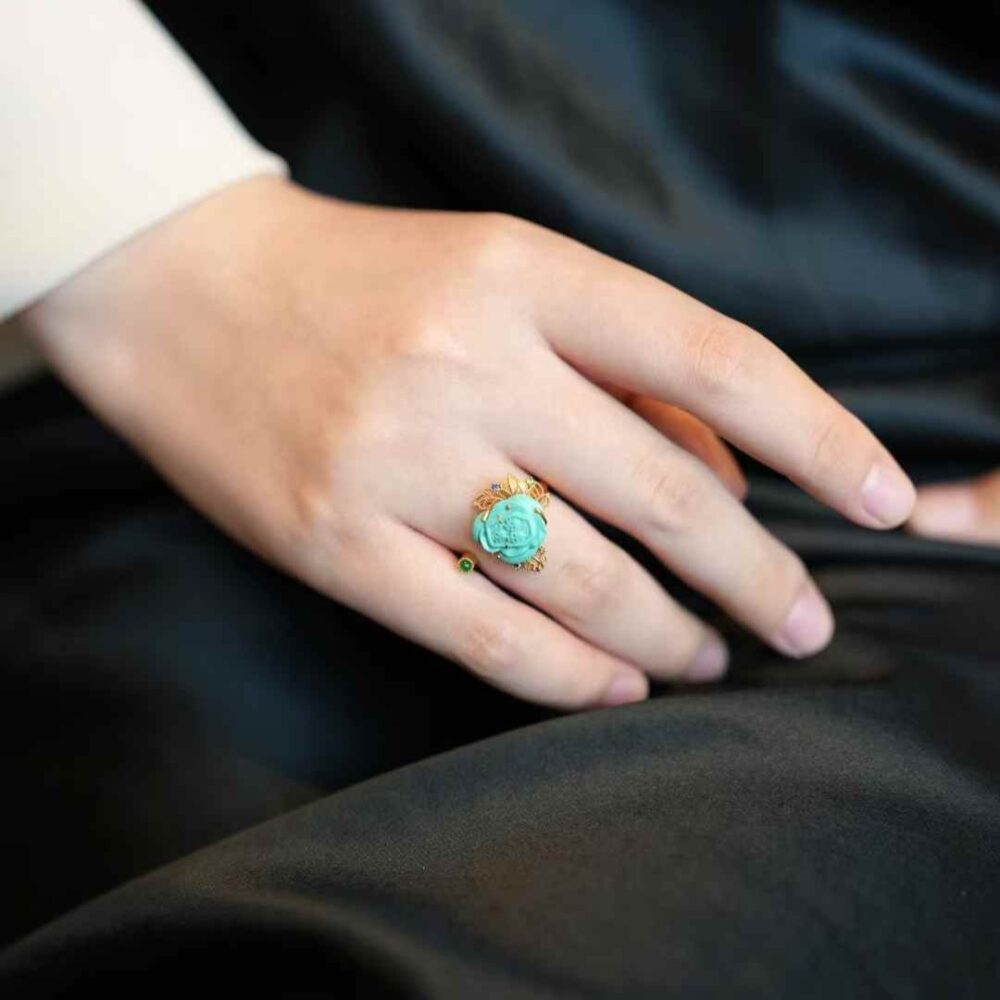 "Skull Rose" Turquoise 18k Ring - 图片 3