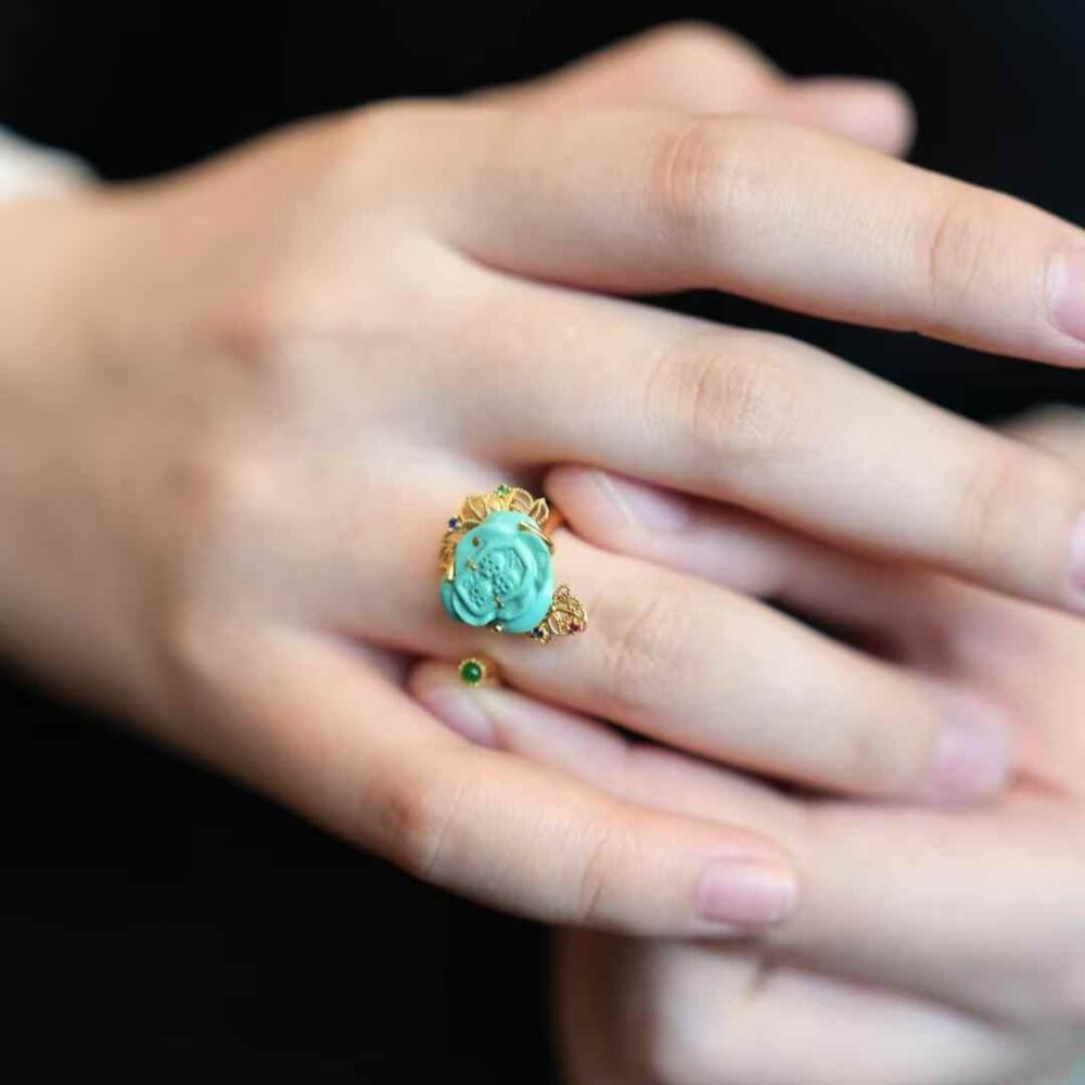 "Skull Rose" Turquoise 18k Ring - 图片 2
