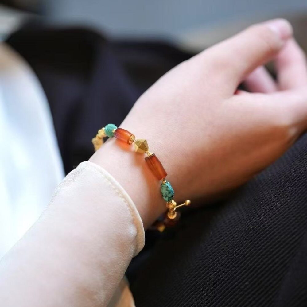 Original turquoise and red jade bracelet + 18K gold embellishment - 图片 6