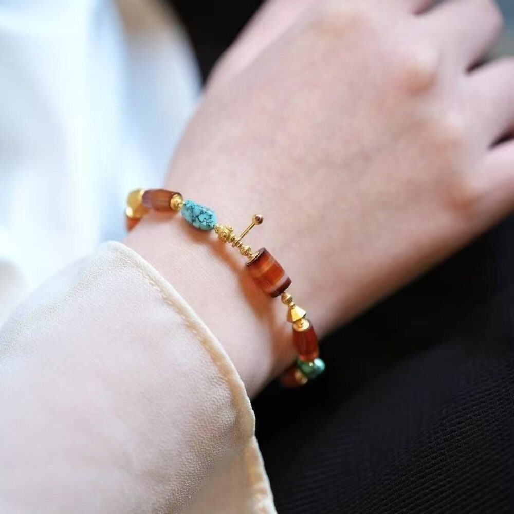 Original turquoise and red jade bracelet + 18K gold embellishment - 图片 5