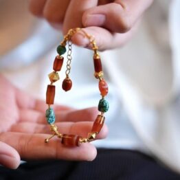 Original turquoise and red jade bracelet + 18K gold embellishment