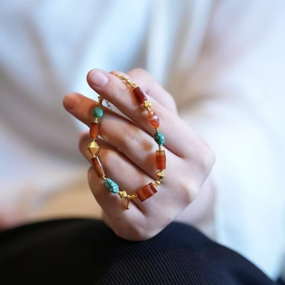 Original turquoise and red jade bracelet + 18K gold embellishment - 图片 3