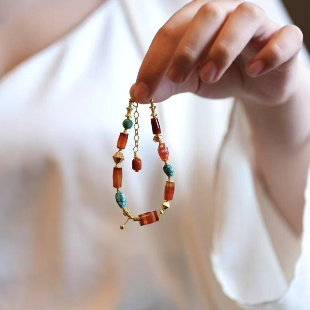 Original turquoise and red jade bracelet + 18K gold embellishment - 图片 2