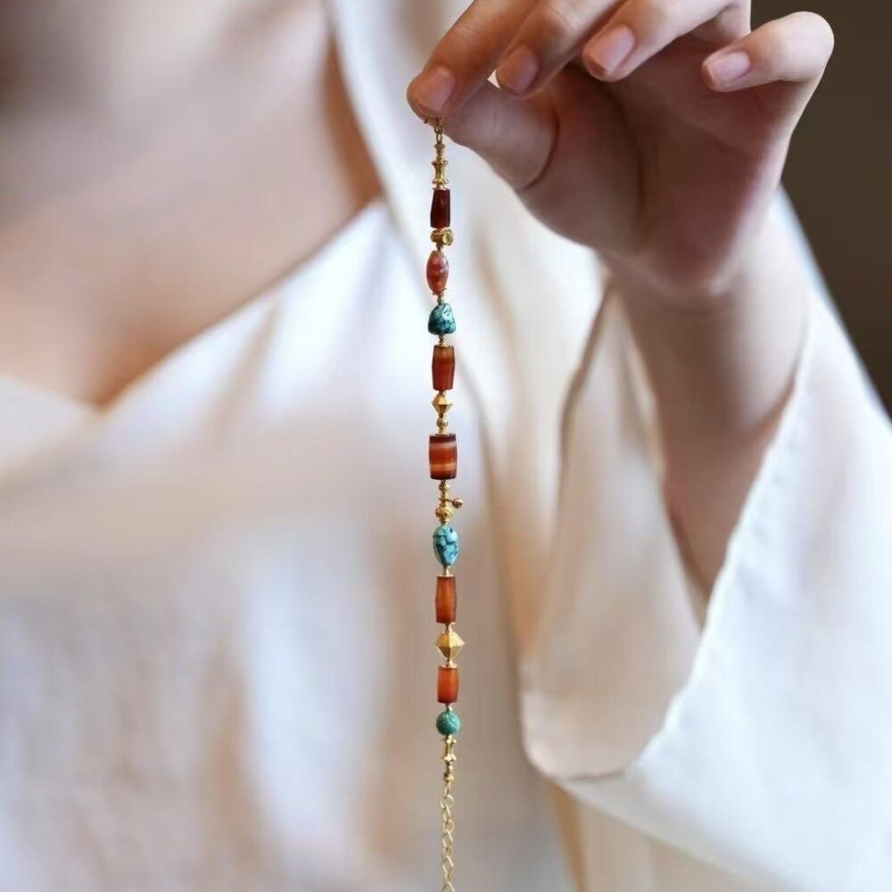 Original turquoise and red jade bracelet + 18K gold embellishment - 图片 4