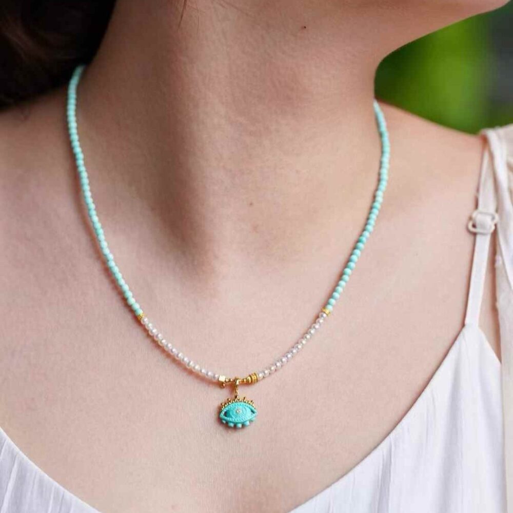 Raw turquoise rice bead clavicle necklace (Eye of Horus) - 图片 2