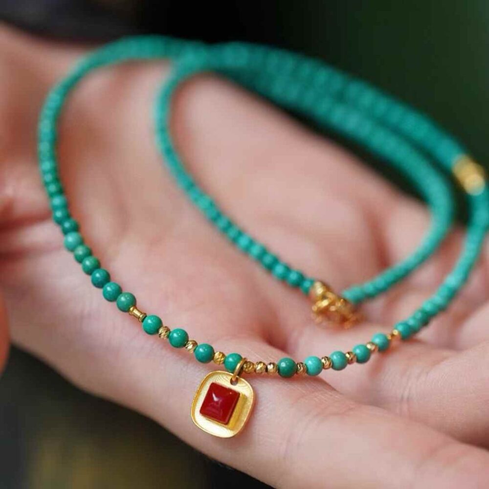 Aka Coral + Turquoise Clavicle Necklace - 图片 3