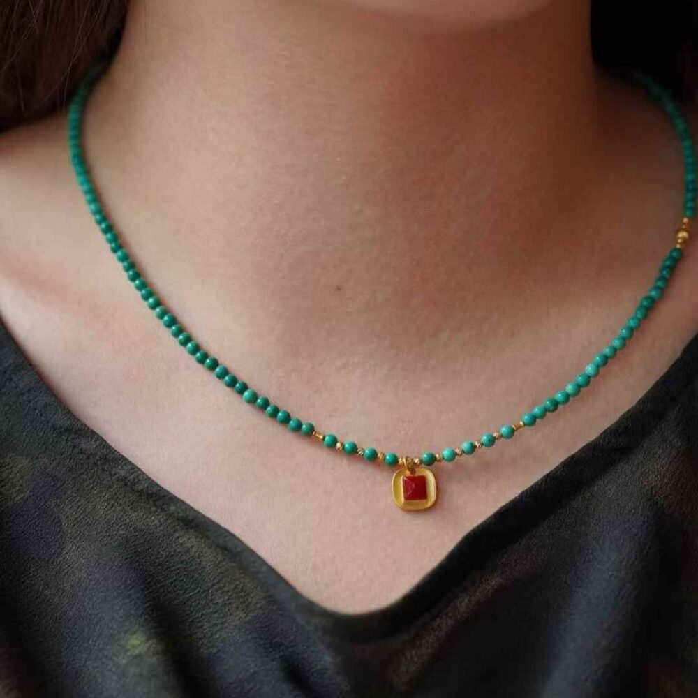 Aka Coral + Turquoise Clavicle Necklace - 图片 2